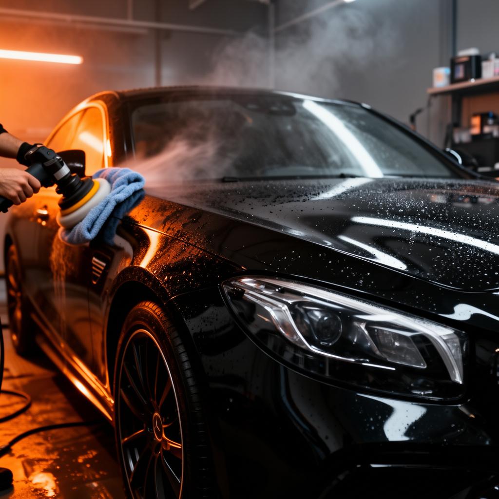Schwarzer Premium-Wagen wird in der Detailing-Werkstatt poliert