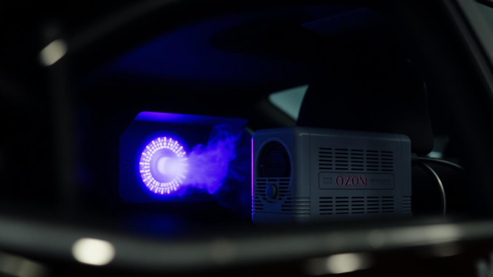 Aktiver Ozongenerator mit blau leuchtendem Lüfter im Innenraum eines Fahrzeugs